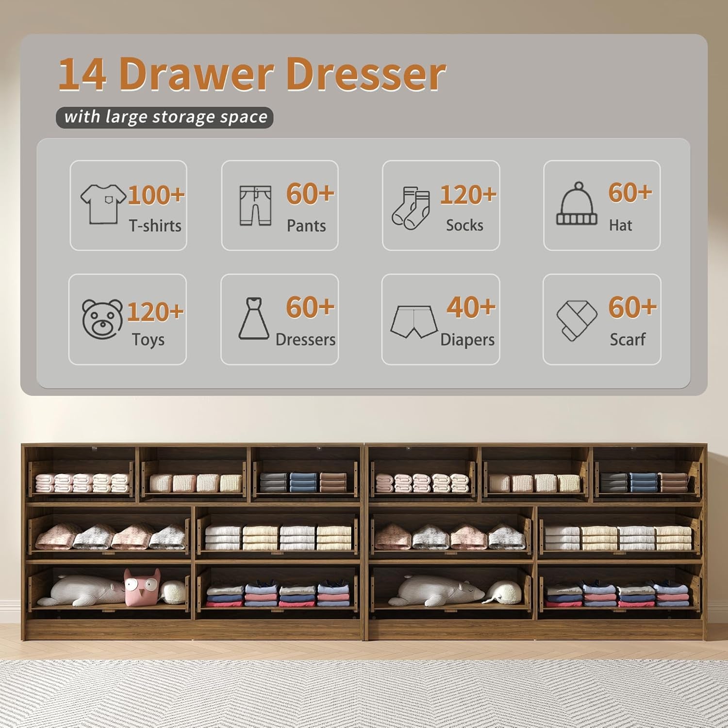 Walnut Dresser Set of 2, Long Dresser for Bedroom Wooden with 14 Drawers, Fluted Modern Bedroom Furniture Set, TV Stand Dressers & Chests of Drawers for Closet (15.7"D X 110.2"W X 31.8"H)