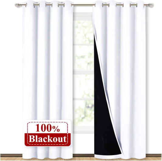 100% Blackout Window Curtain Panels, Cold and Full Light Blocking Drapes with Black Liner for Nursery, 84 Inches Drop Thermal Insulated Draperies (White, 2 Pieces, 52 Wide Each Panel)