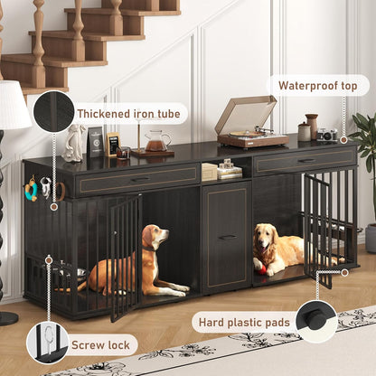 86.6" Dog Crate Furniture Large Breed TV Stand with Double Rooms, Wooden Dog Kennel Furniture with Dog Bowl, 2 Drawers and Cabinet for Large Medium Dogs, Black