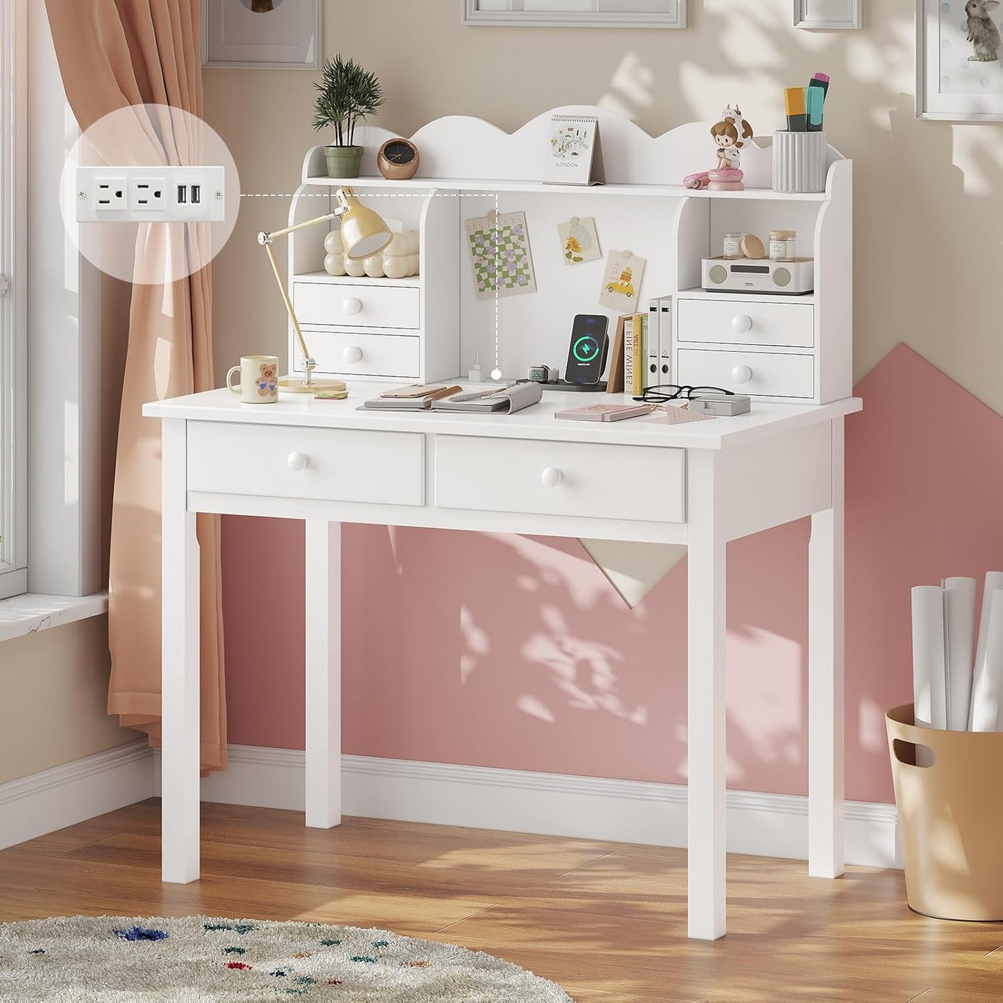 Small White Writing Desk with Hutch and USB Ports, 31.5 Inch Home Office Desk with Drawers, Study Table for Kids/Student, Makeup Dressing Table save Space Gifts