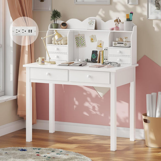 Small White Writing Desk with Hutch and USB Ports, 31.5 Inch Home Office Desk with Drawers, Study Table for Kids/Student, Makeup Dressing Table save Space Gifts