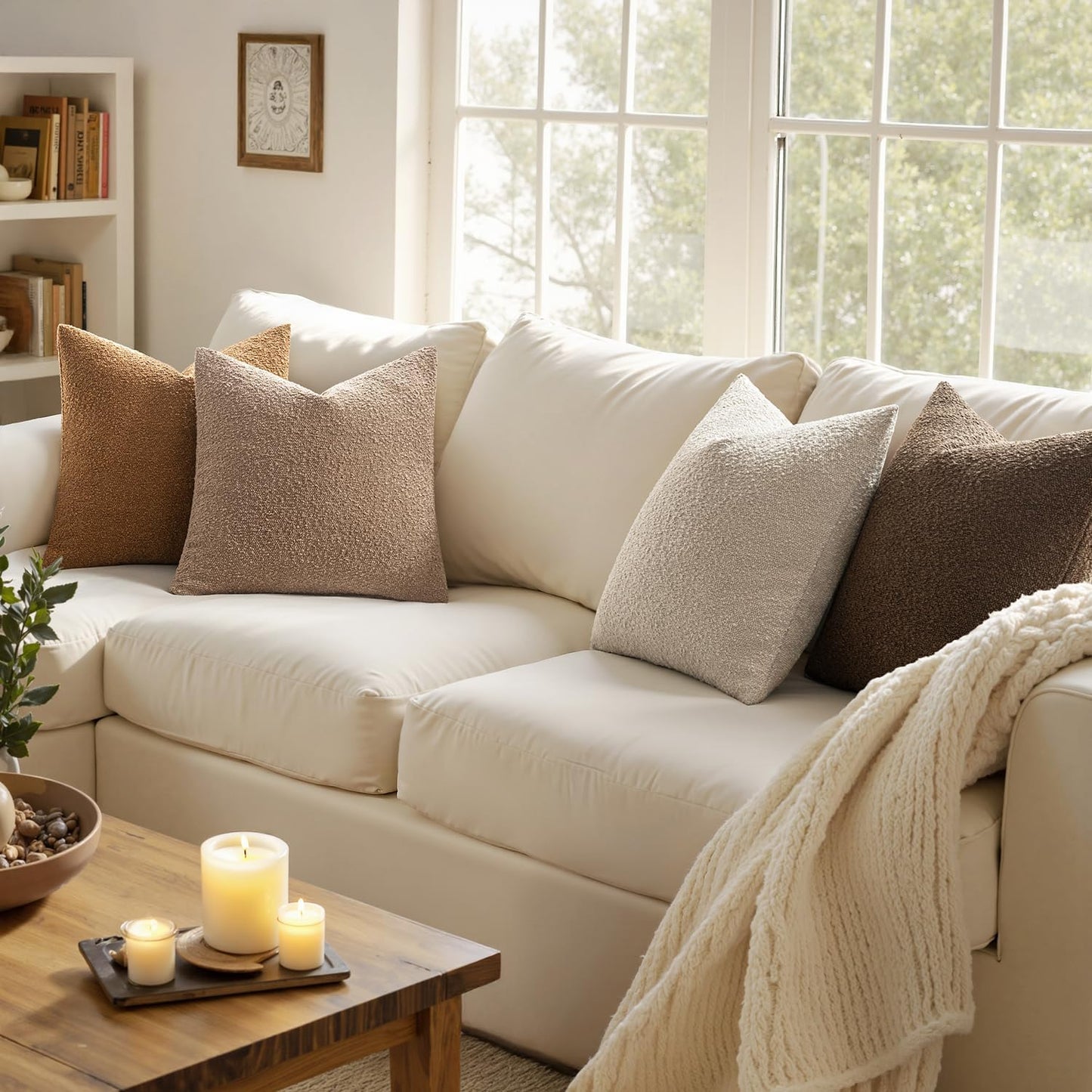 Pack of 4 Decorative Textured Boucle Throw Pillow Covers 18X18 Inch Neutral Brown Accent Solid Pillow Cases Couch Cushion Covers for Fall Modern Farmhouse Boho Chair Sofa Bed Room Home Decor