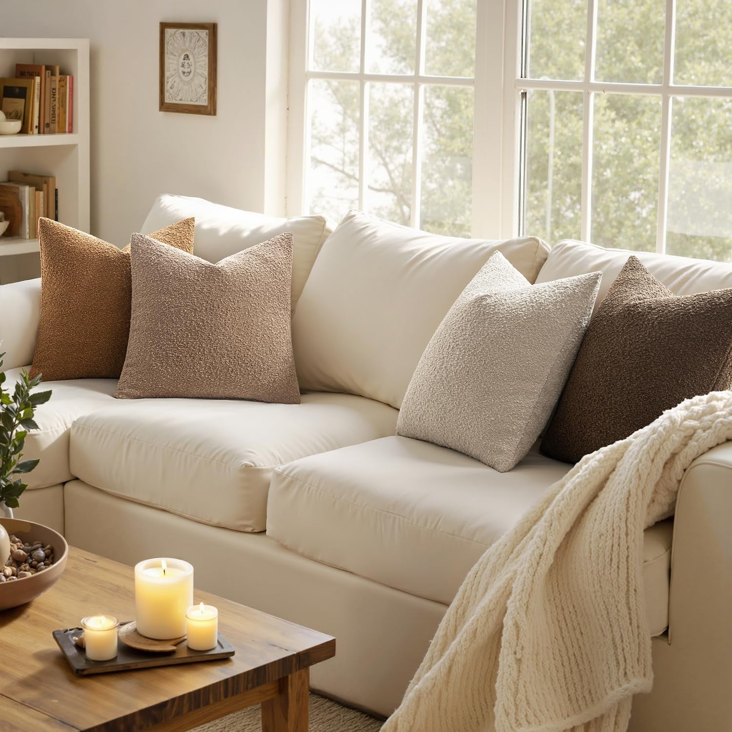 Pack of 4 Decorative Textured Boucle Throw Pillow Covers 18X18 Inch Neutral Brown Accent Solid Pillow Cases Couch Cushion Covers for Fall Modern Farmhouse Boho Chair Sofa Bed Room Home Decor