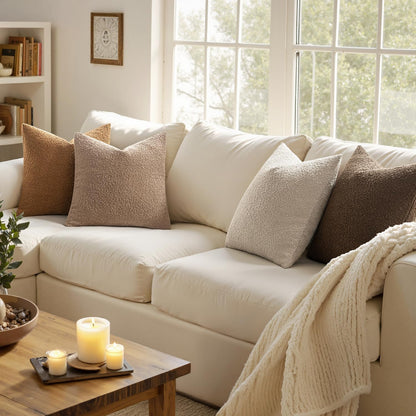 Pack of 4 Decorative Textured Boucle Throw Pillow Covers 18X18 Inch Neutral Brown Accent Solid Pillow Cases Couch Cushion Covers for Fall Modern Farmhouse Boho Chair Sofa Bed Room Home Decor