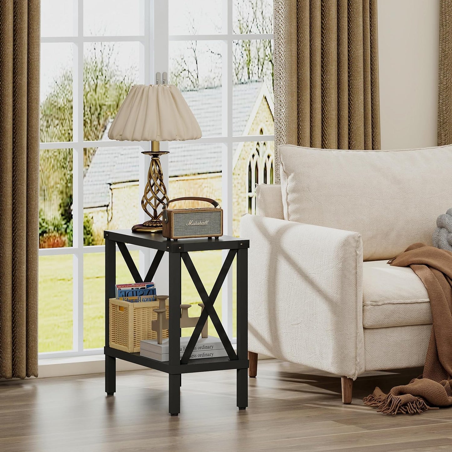 Narrow End Table, Large Sofa Side Table, Farmhouse Nightstand with Storage Shelve, Slim Bedside Table for Living, Room Bedroom, Lounge Black MLBZ17B