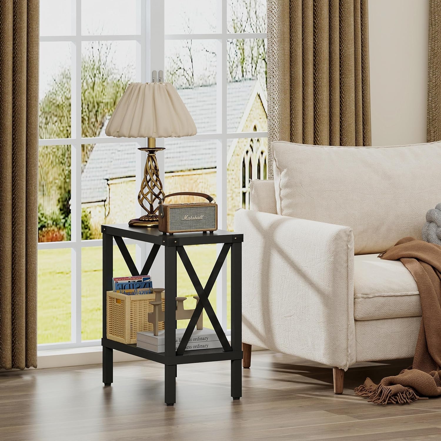 Narrow End Table, Large Sofa Side Table, Farmhouse Nightstand with Storage Shelve, Slim Bedside Table for Living, Room Bedroom, Lounge Black MLBZ17B