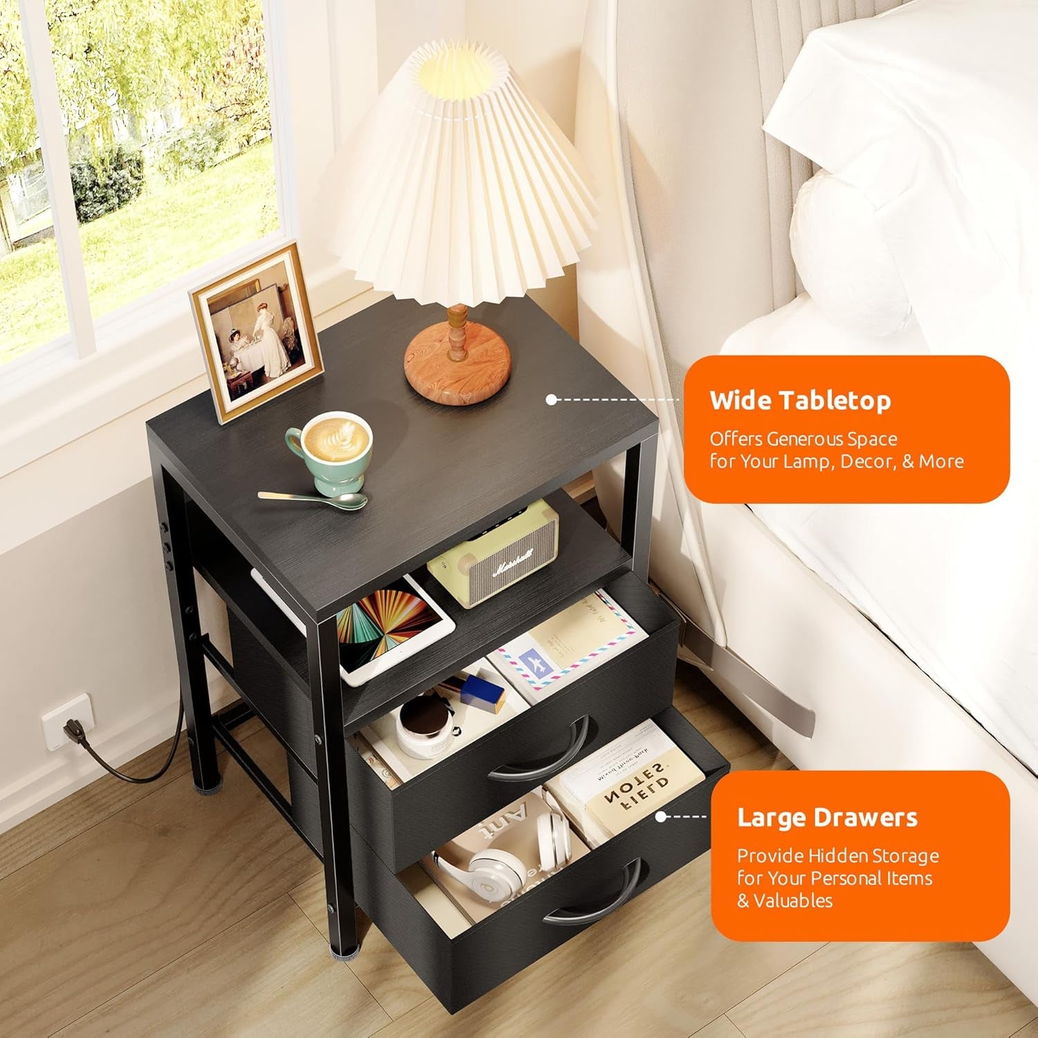 Nightstand Bedside Charging Table Bedroom - Night Stand with Charger Station, Modern Nightstand with Open Shelf & 2 Fabric Drawers, Bed Side Table with USB-C USB Ports & AC Outlets for Dorm, Black