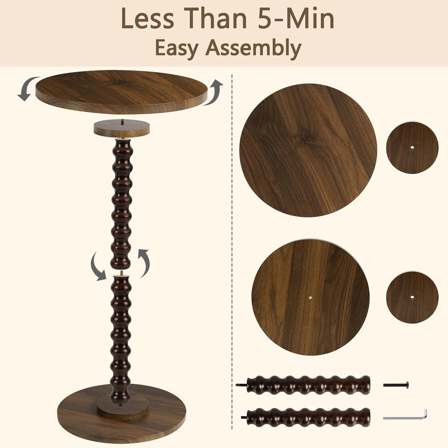 Round Side Table, Small End Table for Small Space, Modern Accent Table with Solid Wood Leg, Easy Assembly for Living Room, Bedroom, Corners, and Office (Rustic Brown)