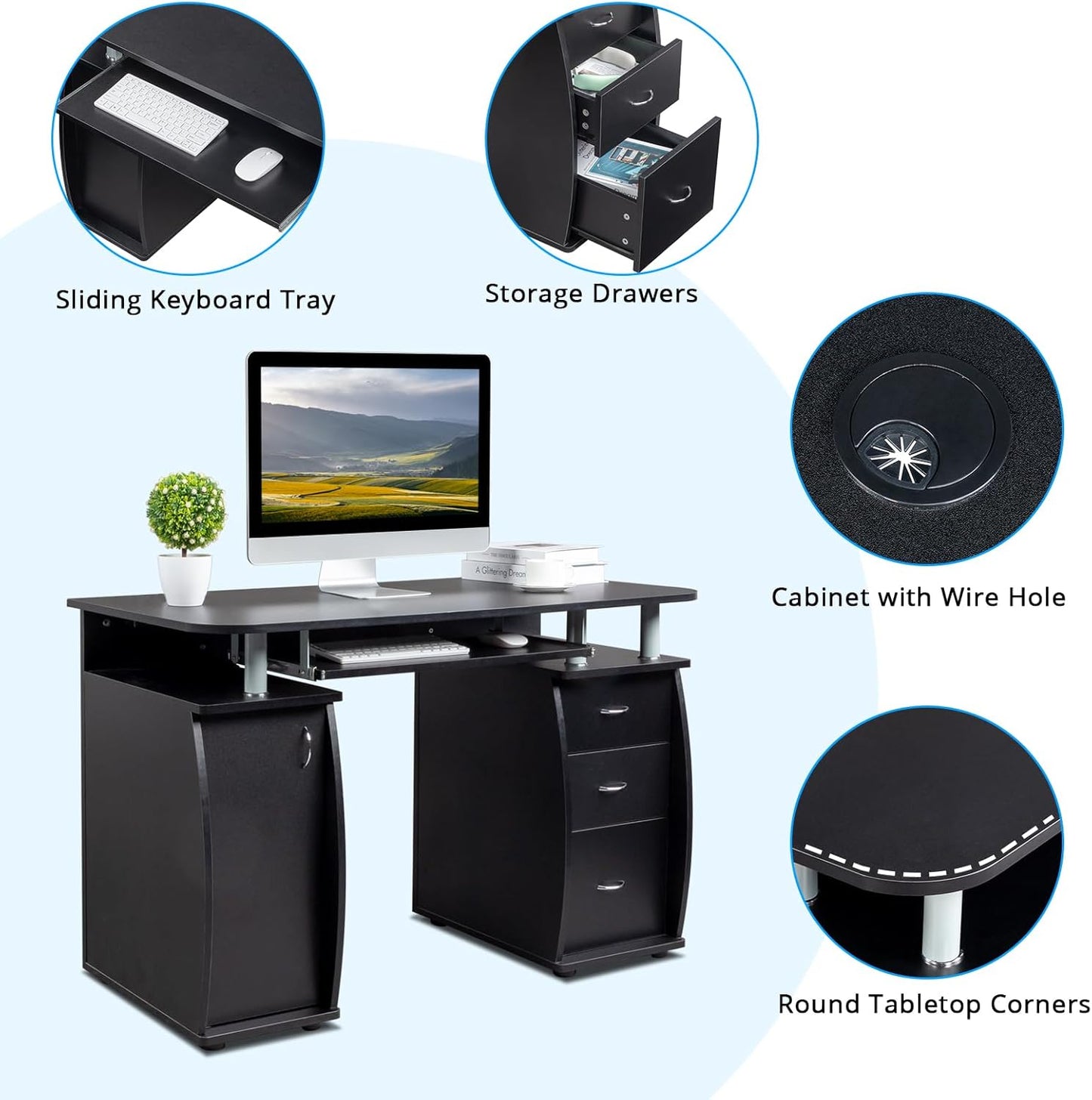 115 * 55 * 74Cm 15Mm MDF Computer Desk Black with 3Pcs Drawers and 1Pc Door Portable Home Office Writing Table for PC Laptop Study Workstation