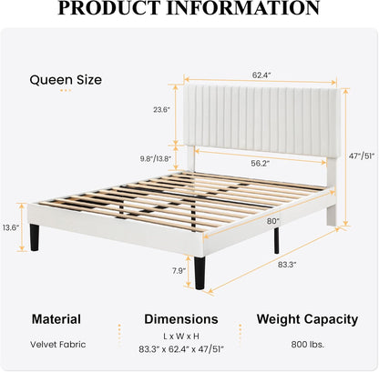 Queen Upholstered Platform Bed Frame with Vertical Channel Tufted Velvet Fabric Adjustable Headboard, Wooden Slats Support, Mattress Foundation, Box Spring Optional, White