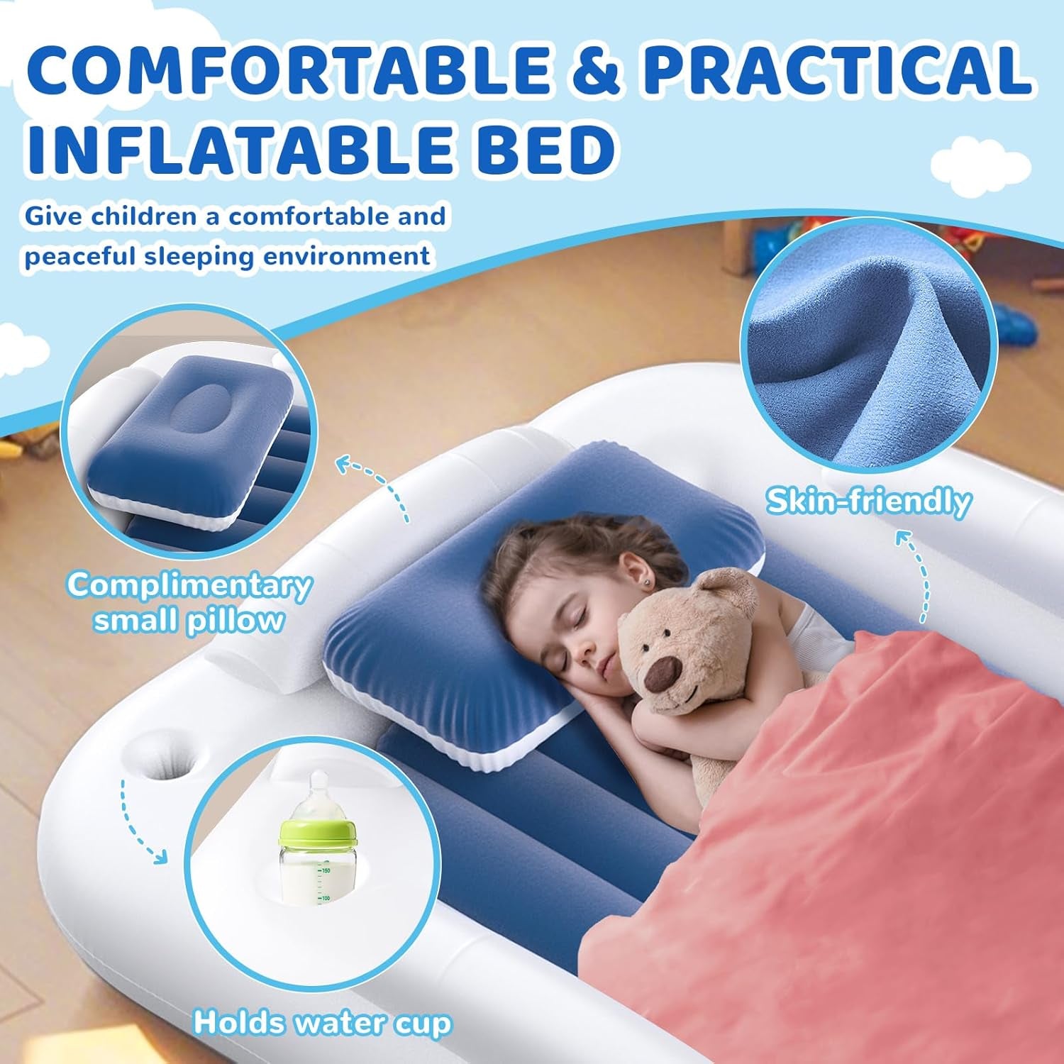 Inflatable Toddler Travel Bed - 60 Inches Portable Toddler Bed for Travel with Safety Sides - Cozy Kids Air Mattress Set with High-Speed Pump & Carry Case - Lightweight & Easy to Inflate -Blue