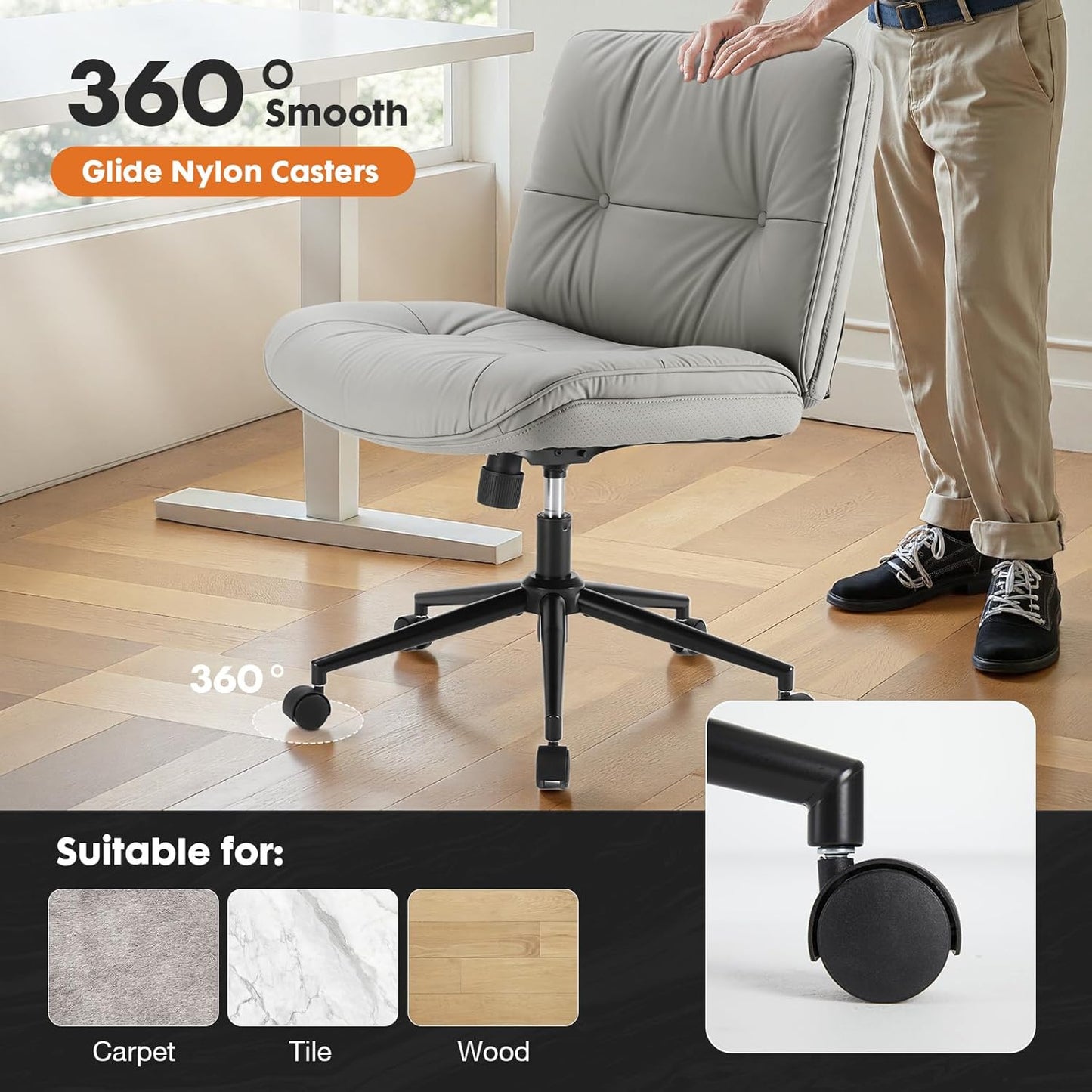 Criss Cross Armless Office Chair - PU Leather Adjustable Swivel Wide Seat with Thick Padding, Ergonomic Rolling Computer Desk Task Chair for Modern Vanity & Makeup with Wheels