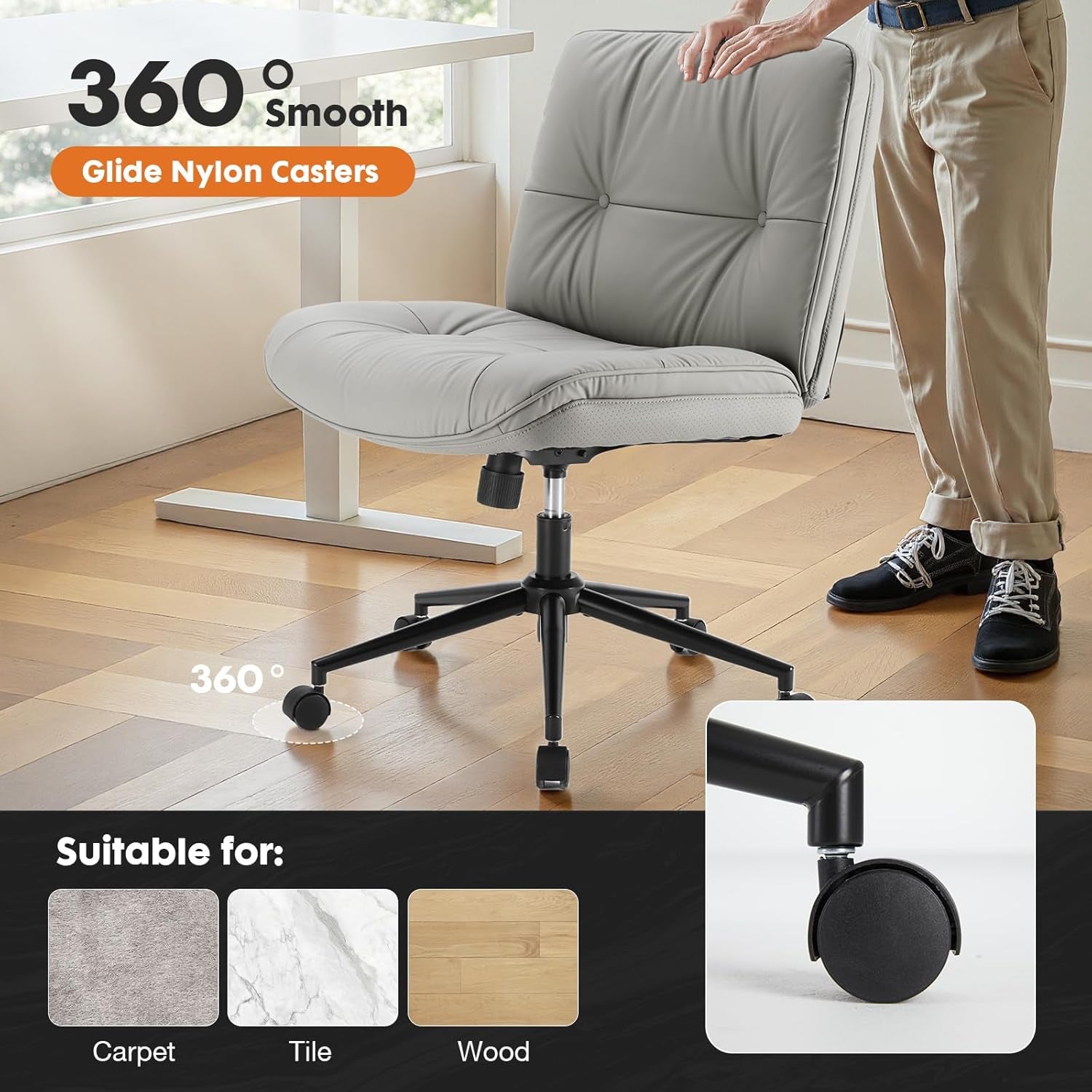 Criss Cross Armless Office Chair - PU Leather Adjustable Swivel Wide Seat with Thick Padding, Ergonomic Rolling Computer Desk Task Chair for Modern Vanity & Makeup with Wheels
