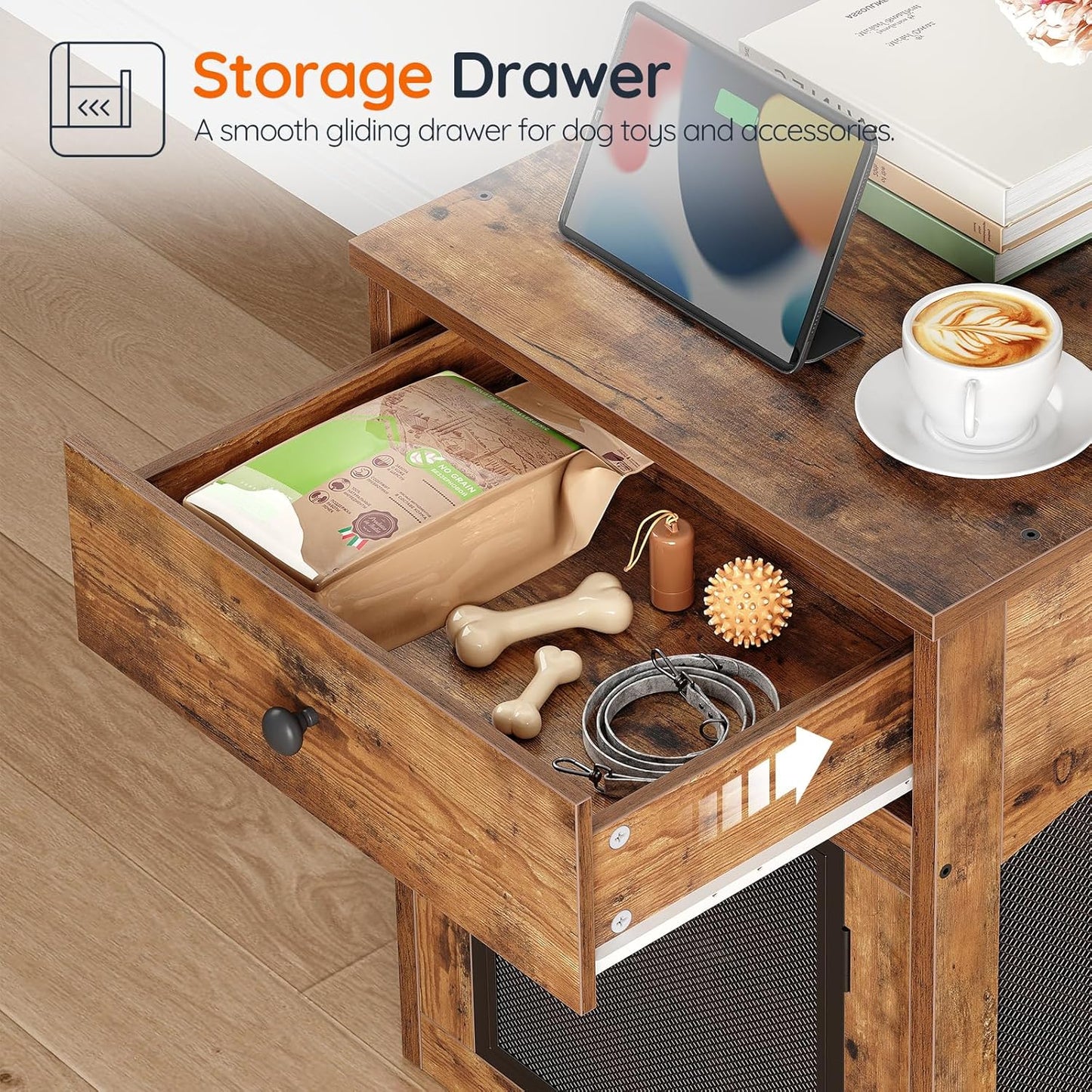 Dog Crate Furniture, Dog Kennel with Drawer and Charging Station, Indoor Decorative Puppy House, Wooden Pet Crate End Table for Small Dogs, Rustic Brown and Black BF58UGW03G1