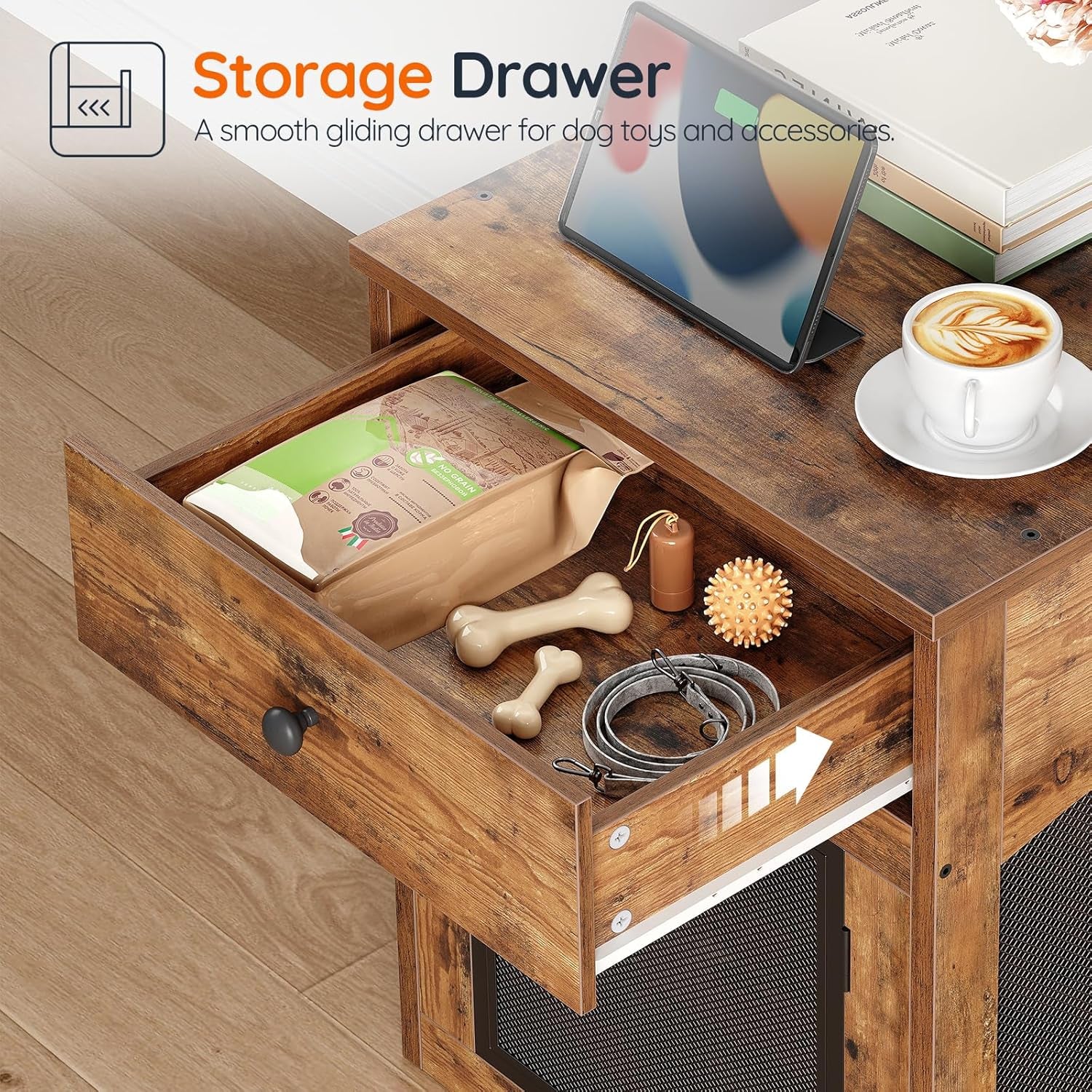 Dog Crate Furniture, Dog Kennel with Drawer and Charging Station, Indoor Decorative Puppy House, Wooden Pet Crate End Table for Small Dogs, Greige and Black BG58UGW03G1