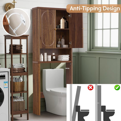 Fluted over the Toilet Storage Cabinet, Bathroom Toilet Storage Cabinet with Door, Wood Curved over the Toilet Space Saver Cabinets for Restroom Bathroom, Walnut