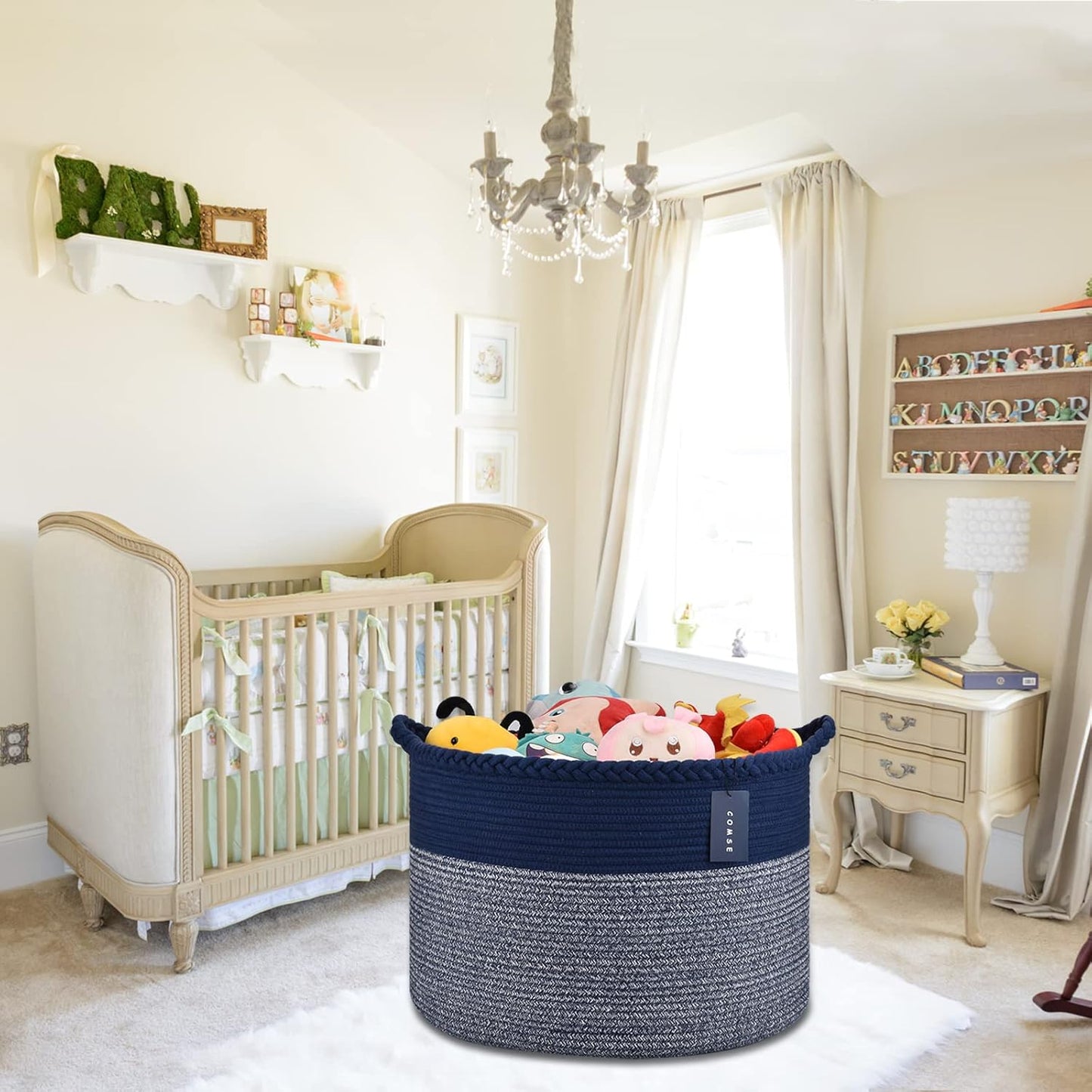 Extra Large Blanket Basket, Woven Laundry Basket, 21.7”X 13.8”, Nursery Hamper, Cotton Rope Laundry Hamper Living Room for Storage Toys Clothes Towels (Navy Blue)