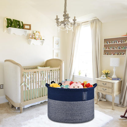 Extra Large Blanket Basket, Woven Laundry Basket, 21.7”X 13.8”, Nursery Hamper, Cotton Rope Laundry Hamper Living Room for Storage Toys Clothes Towels (Navy Blue)