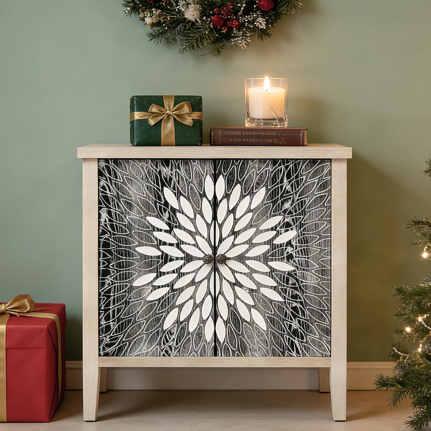 Black Accent Furniture, 32 Inch Wide 2-Door Carved Geometric Sideboard Buffet Server with Adjustable Shelves, Modern Boho Style Fluted Storage Console Table for Dining Room, Kitchen, Living Room
