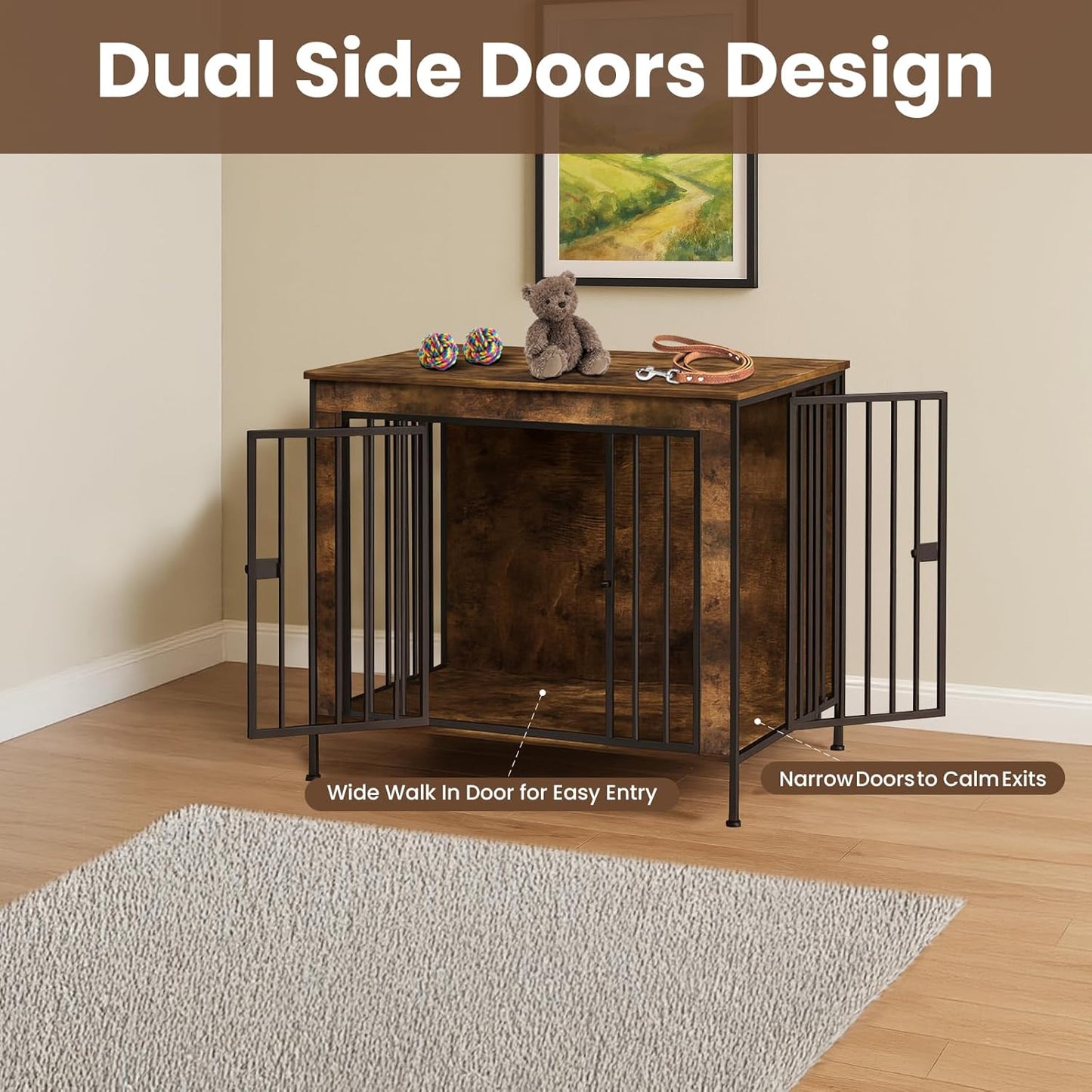 Dog Crate Furniture 78" for 2 Dogs Sturdy Heavy Duty Dog Kennel Solid Metal Tube Thick Wooden with 3 Lockable Doors XXL Double Dog Cage Large Breed as End Table for Large Dogs Rustic Brown