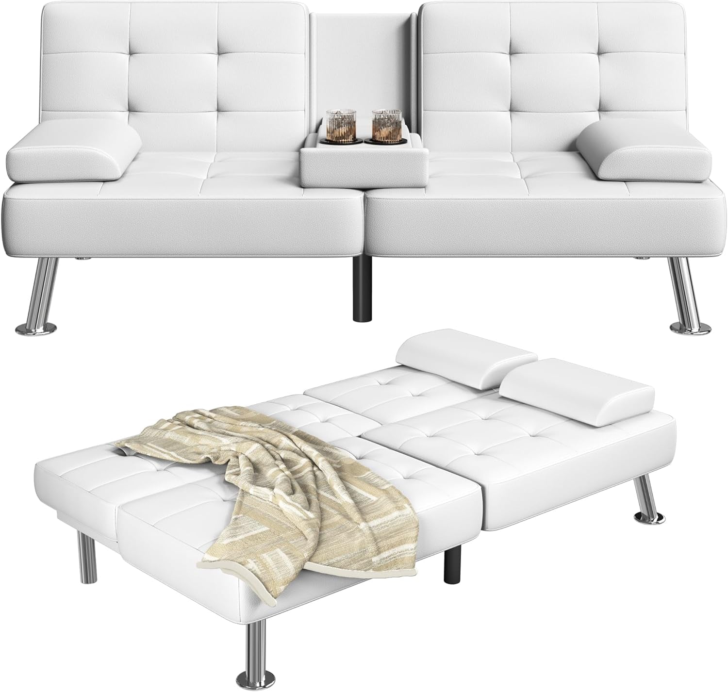 Futon Sofa Bed Adjustable Futon Couch Sleeper Sofa Bed for Living Room, Business Office, Recliner Sofas with Cup Holders (PU Leather, White)