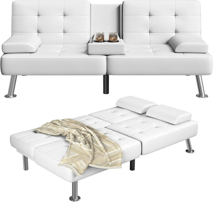Futon Sofa Bed Adjustable Futon Couch Sleeper Sofa Bed for Living Room, Business Office, Recliner Sofas with Cup Holders (PU Leather, White)