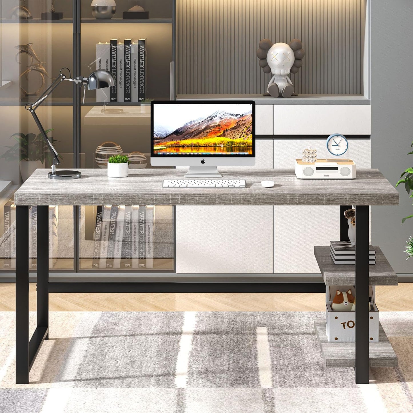 47 Inch Home Office Desk, Modern Computer Desk with Storage Shelves, Small Study Writing Gaming Table Workstation for Living Room Bedroom, Industrial Light Grey