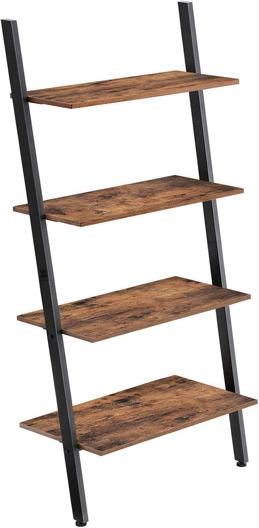 Ladder Shelf, 4-Tier Bookshelf, Storage Rack Shelves, for Living Room, Kitchen, Office, Steel, Stable, Sloping, Leaning against the Wall, Industrial, Rustic Brown and Black