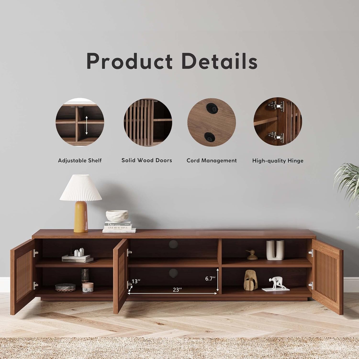 Full Assembled Mid Century Modern TV Stand, Wood Slatted Media Console for 65 Inch TV, Entertainment Center with Storage for Living Room, Low Cabinet with Removable Shelves