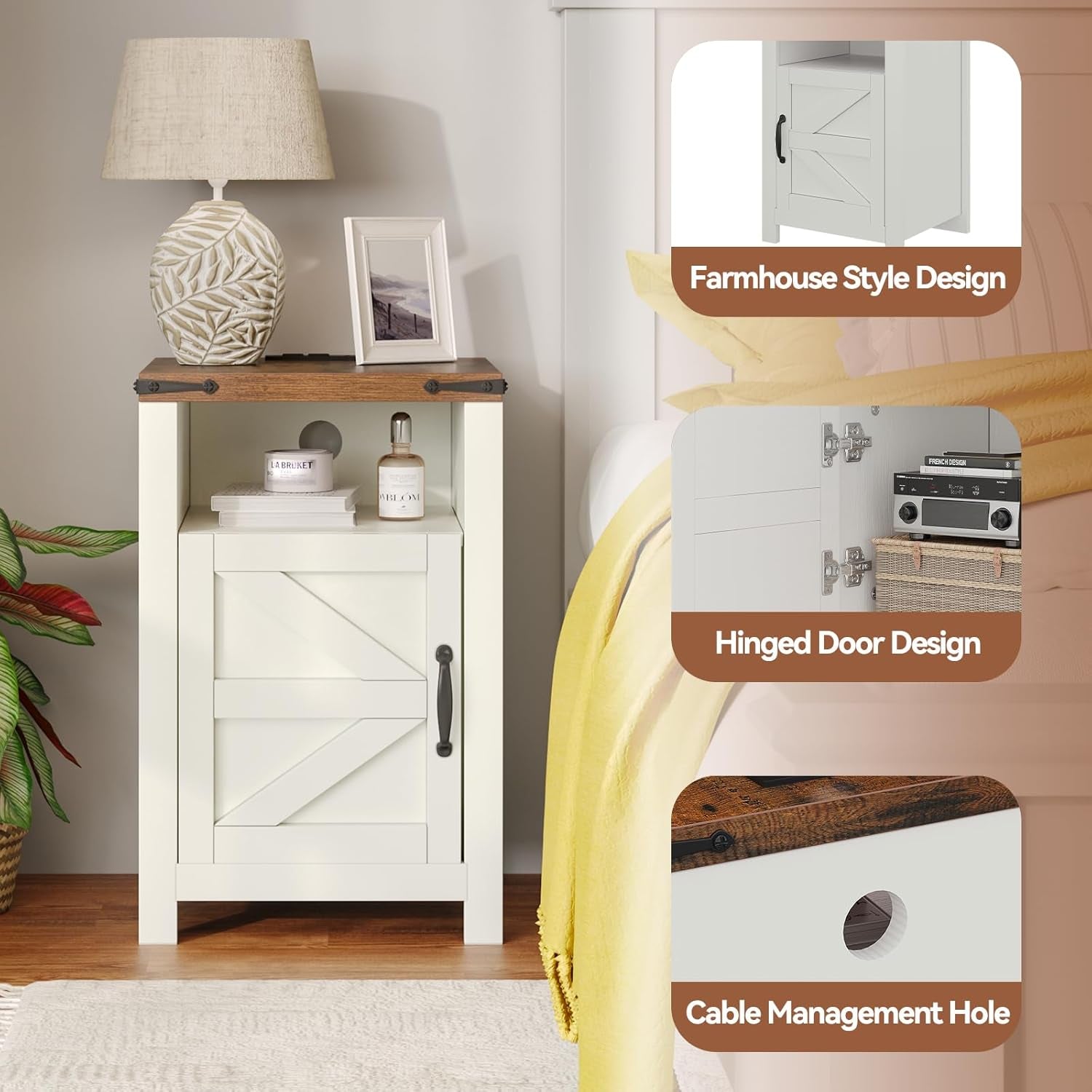 Farmhouse Nightstands with Charging Station, End Tables Set of 2 with Barn Door, Sofa Side Table with Storage Space for Bedroom, Living Room (White)