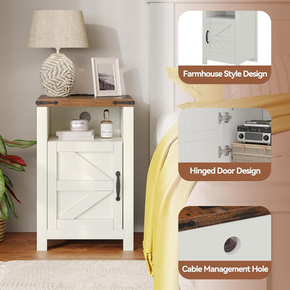 Farmhouse Nightstands with Charging Station, End Tables Set of 2 with Barn Door, Sofa Side Table with Storage Space for Bedroom, Living Room (White)