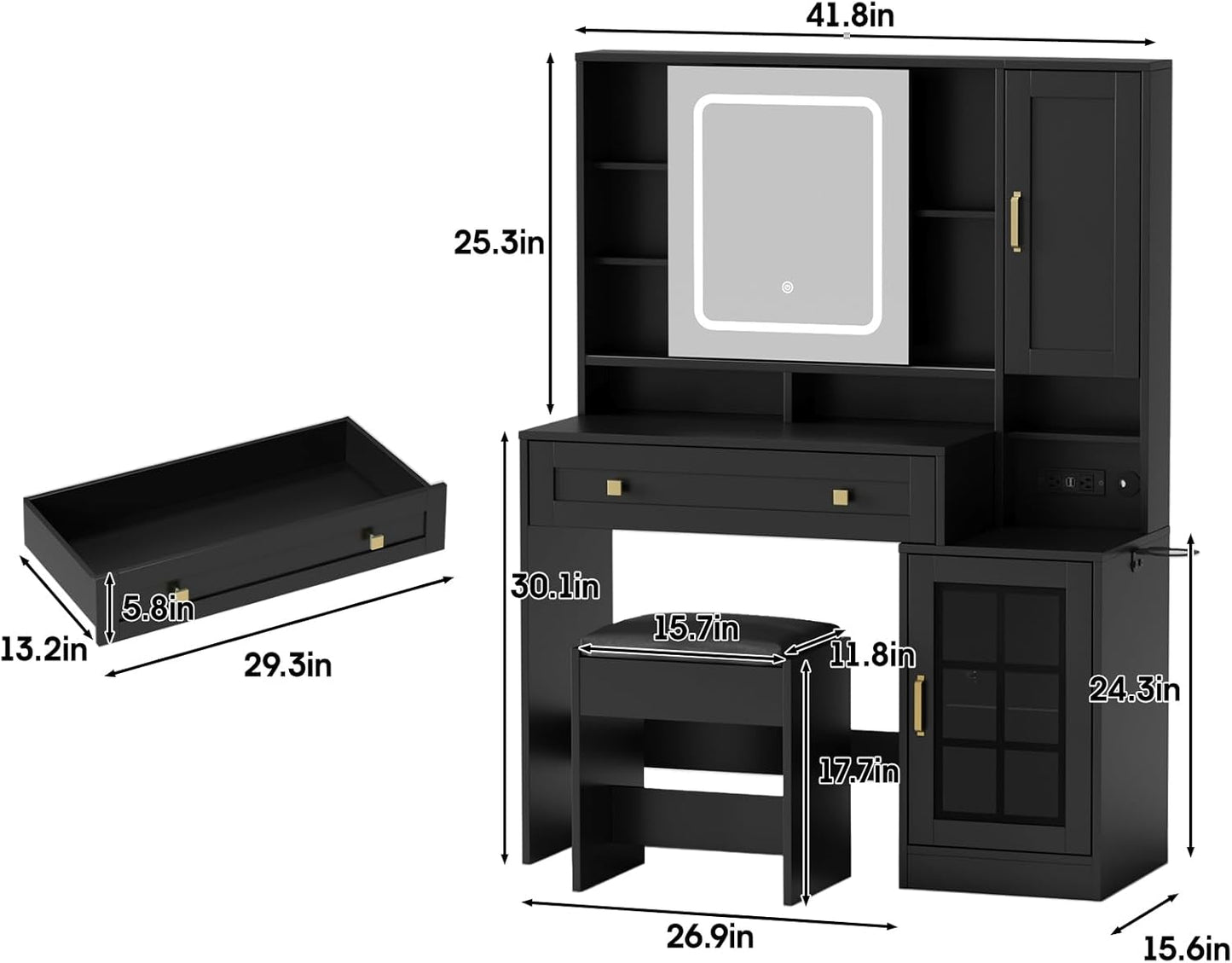 Vanity Desk with Sliding Mirror and Lights, 41.8'' Black Makeup Vanity Table with Jewelry Storage & Charging Station, Stool, Large Drawer, Visual Cabinet, 3 Lighting Modes, Adjustable Shelves