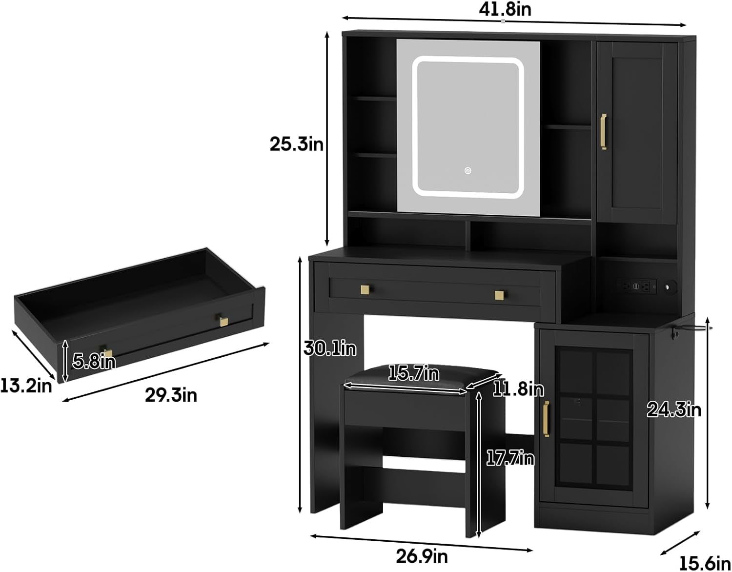 Vanity Desk with Sliding Mirror and Lights, 41.8'' Black Makeup Vanity Table with Jewelry Storage & Charging Station, Stool, Large Drawer, Visual Cabinet, 3 Lighting Modes, Adjustable Shelves