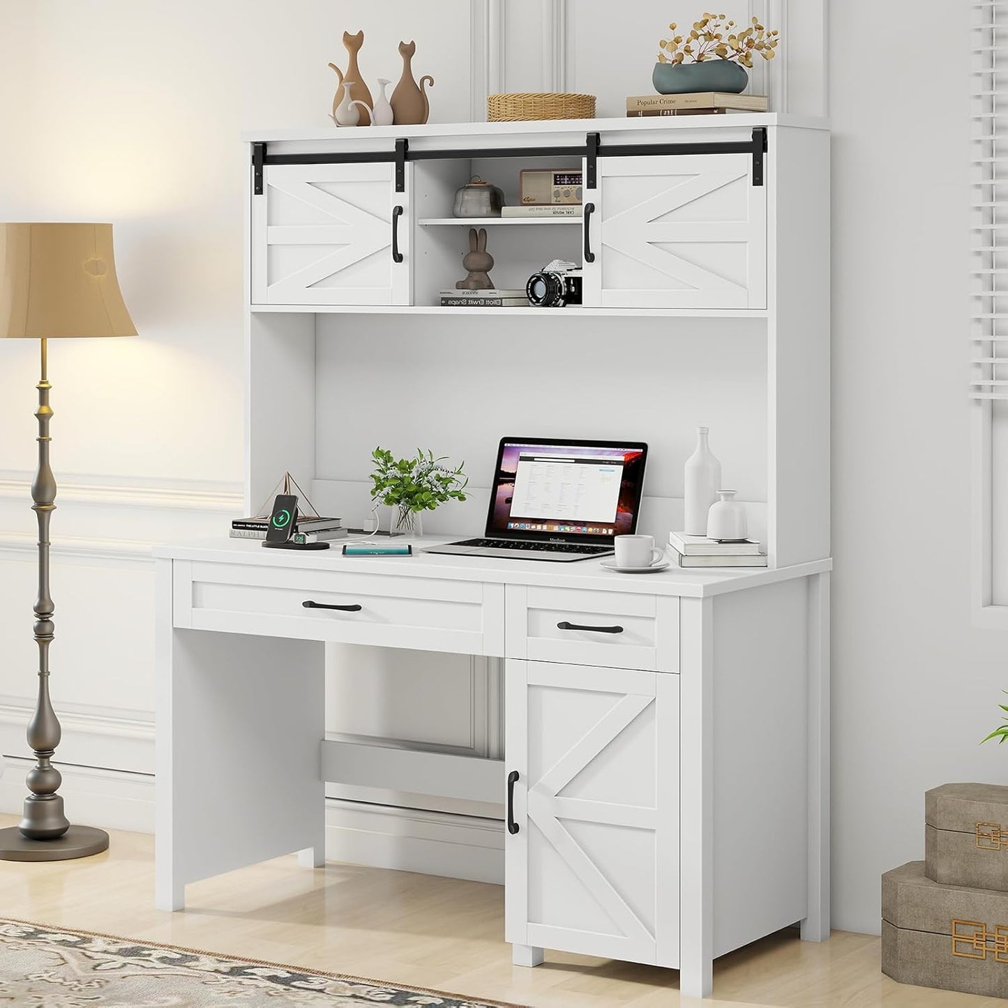 Farmhouse 47" Executive Desk, Computer Desks with 2 Drawers and Storage Cabinet, Home Office Desk with Hutch and Charging Station, Workspace for Work and Study. (Cream White.