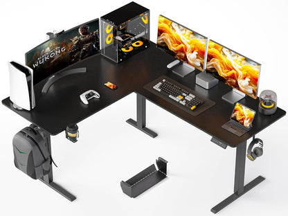 63X55 Inches Reversible L Shaped Standing Desk, Height Adjustable with Cup Holder, Electric Corner Computer Workstation, Sit Stand up Home Office, Ergonomic Gaming, Black
