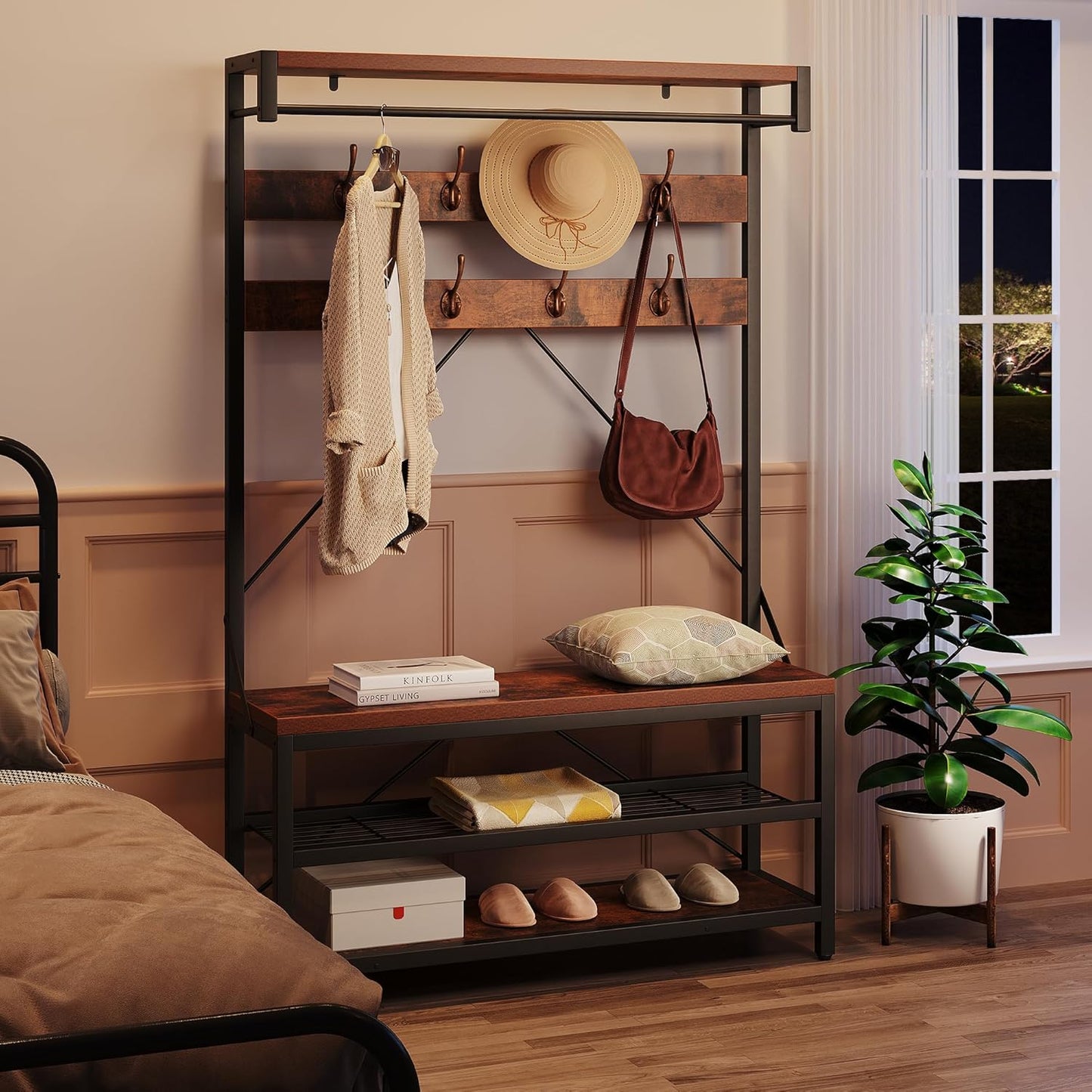 Coat Rack Shoe Bench Industrial Hall Tree Storage Bench for Entryway, Wood Look Accent Large Shoe Rack with Storage Shelf Hanging Bar,8 Hooks Rustic Brown 39.9"X15.7"X72"
