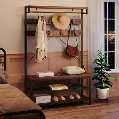 Coat Rack Shoe Bench Industrial Hall Tree Storage Bench for Entryway, Wood Look Accent Large Shoe Rack with Storage Shelf Hanging Bar,8 Hooks Rustic Brown 39.9"X15.7"X72"