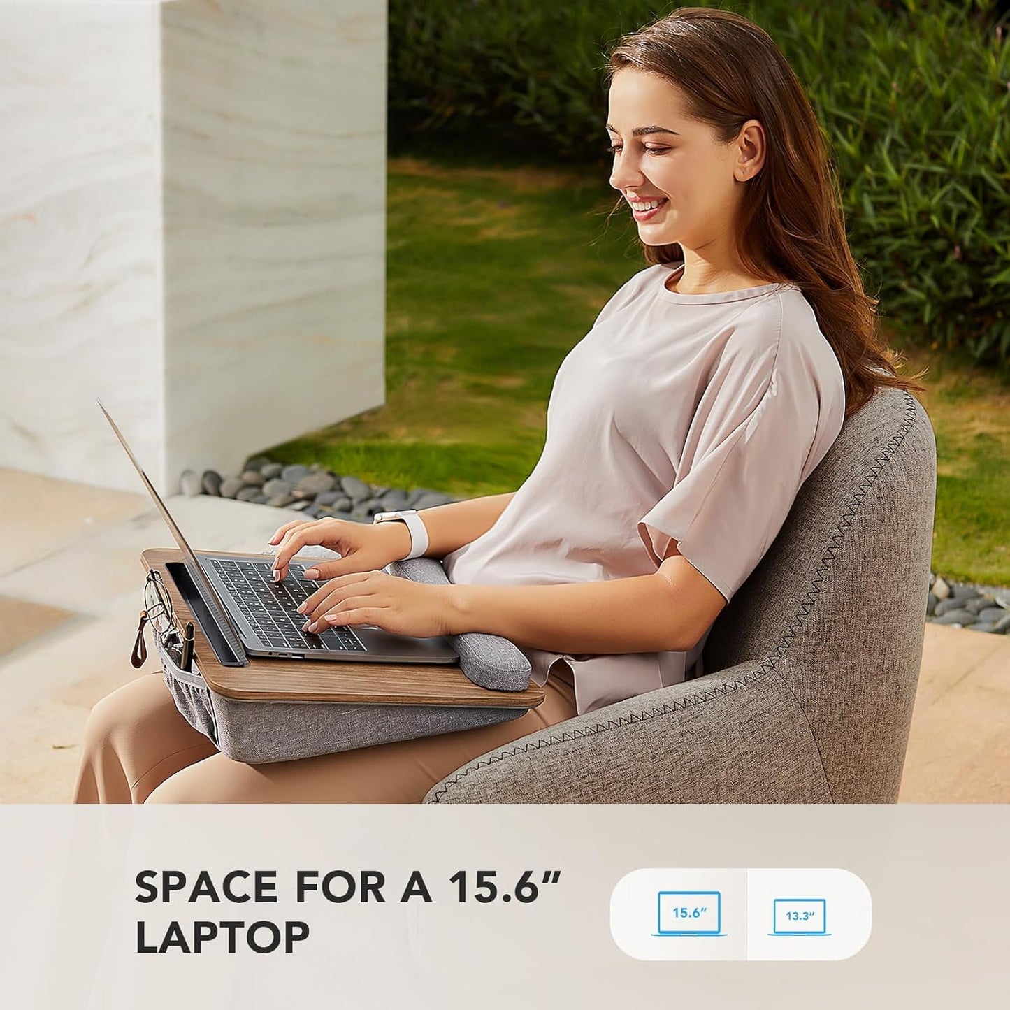 Portable Lap Laptop Desk with Pillow Cushion, Fits up to 15.6 Inch Laptop, with Anti-Slip Strip & Storage Function for Home Office Students Use as Computer Laptop Stand, Book Tablet