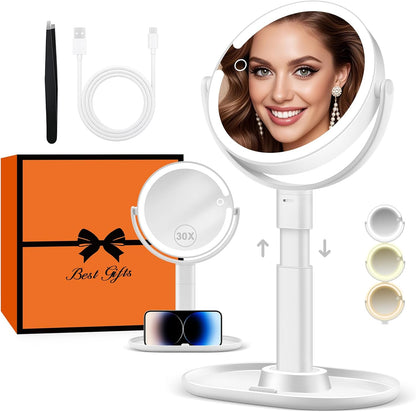 Makeup Mirror with Lights, Lighted Magnifying Mirror 30X with 3 Lighting and Adjustable Brightness, 2-Sided Height Adjustable Vanity Mirror for Bathroom, Gifts for Women White