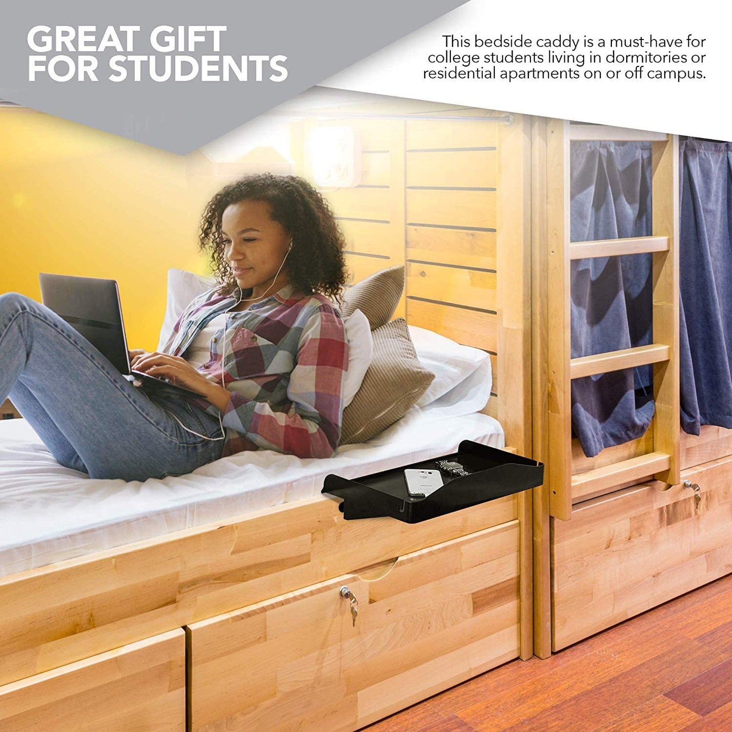 Bedside Shelf for Bed, College Dorm Room, Bunk Bed Shelf/Caddy for Top Bunk, Clip on Nightstand Tray with Cord and Cup Holder for Table Storage (Black)