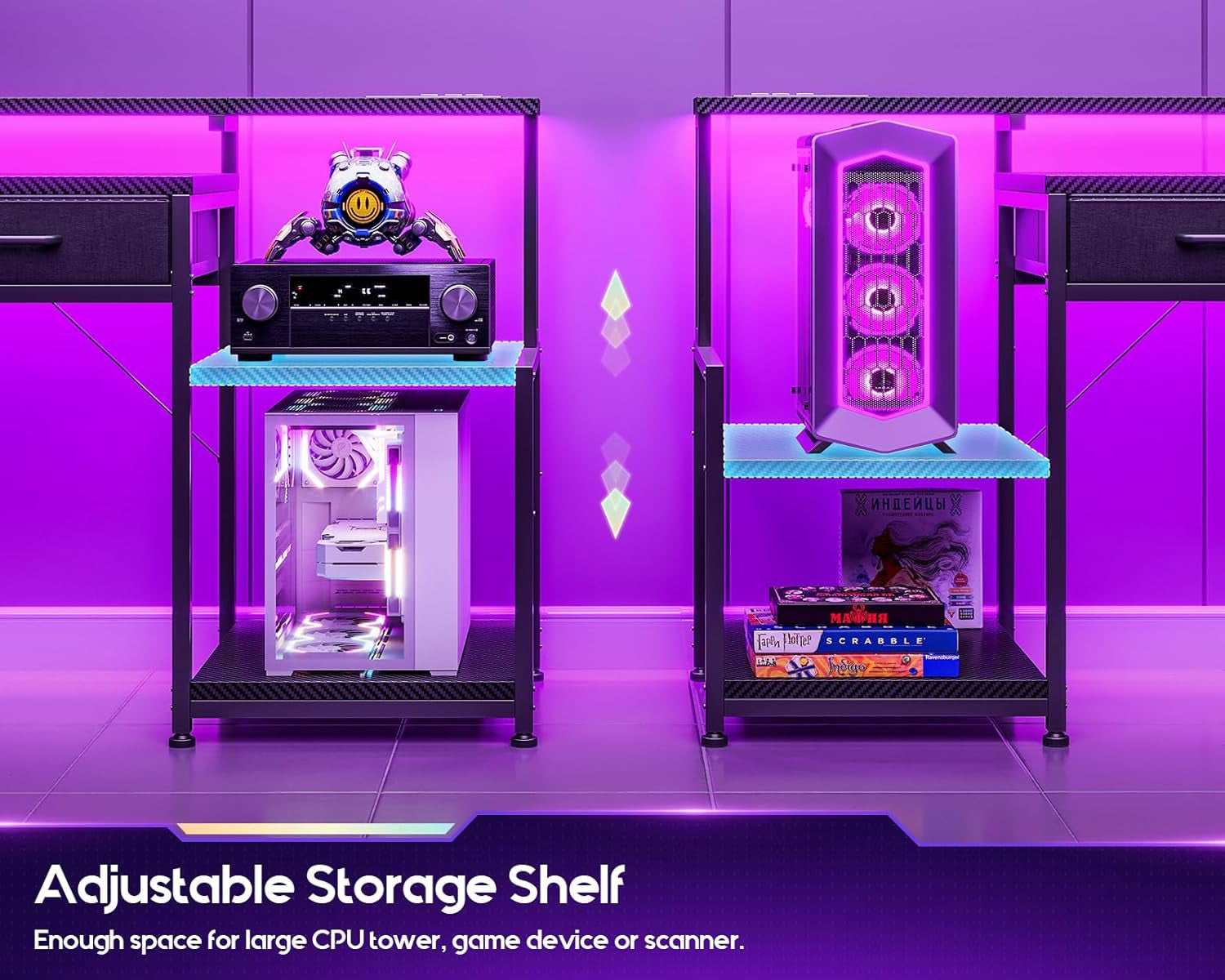 Gaming Desk with Led Lights & Power Outlet, 48 Inch Computer Desk with Drawers, Office Desk with Large Display Storage Shelves, Reversible Desk with Monitor Stand for Home, Carbon Fiber Black