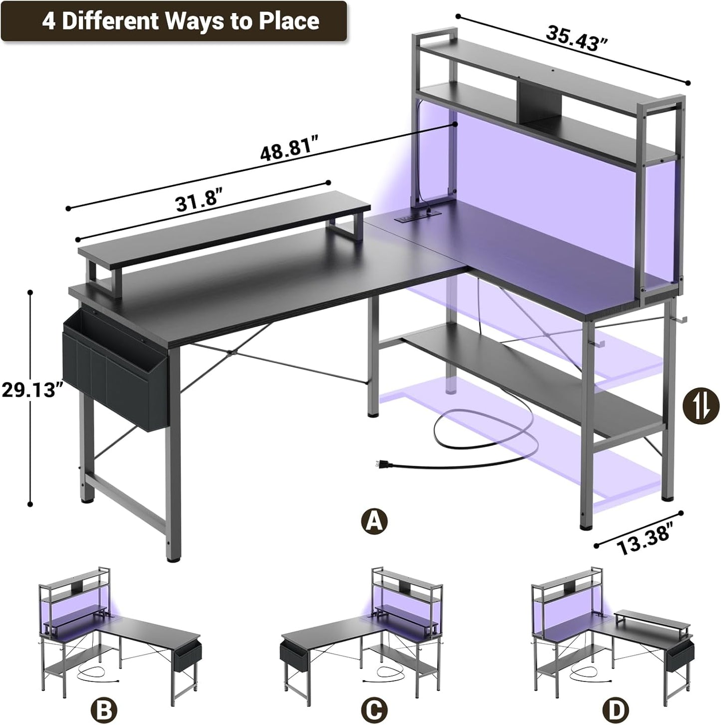 L Shaped Gaming Desk with Power Outlets & LED Lights, Small L- Shaped Desk Computer Corner Desk with Monitor Stand & Storage Shelf, Home Office Desk Writing Desk with Storage Bag, Black