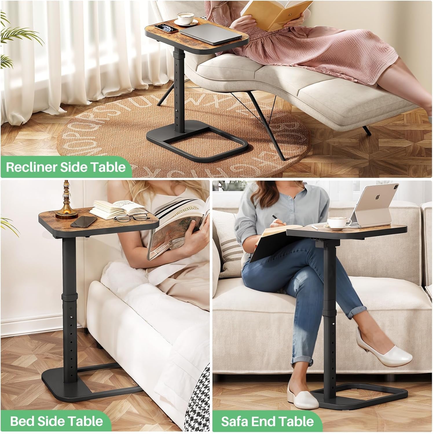 TV Tray Table, Adjustable Height & Flip-Top & Rounded Metal Corners, Snack Table for Couch, Sofa, Bed, Chair, Living Room, C Shaped End Side Table for Eating, Dinner or Laptop, Small Spaces