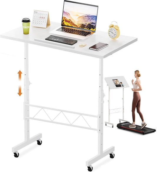 Small Standing Desk Adjustable Height & Tiltable Tabletop, Mobile Stand up Desk for Laptop, Portable Computer Table for Home Office Work and Walking Pad Treadmill, Height 30.7"-46.4", White