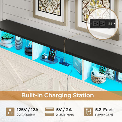 Farmhouse Queen Bed Frame with Storage Headboard, Charging Station and LED Lights Queen Size Platform Bed Frame with Storage Ottoman, Metal Slats Support, No Box Spring Needed, Antique White