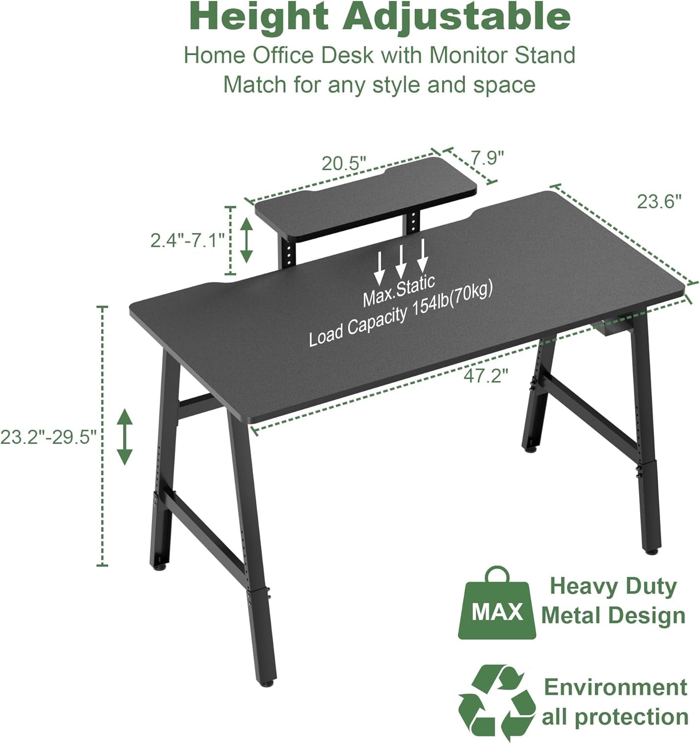 Height Adjustable Computer Desk - 47" Gaming Desk, Small Home Office Desk with Monitor Stand, Modern Simple Table Study Writing Work, Living Room Home Bedroom PC Table, Metal Frame, Black