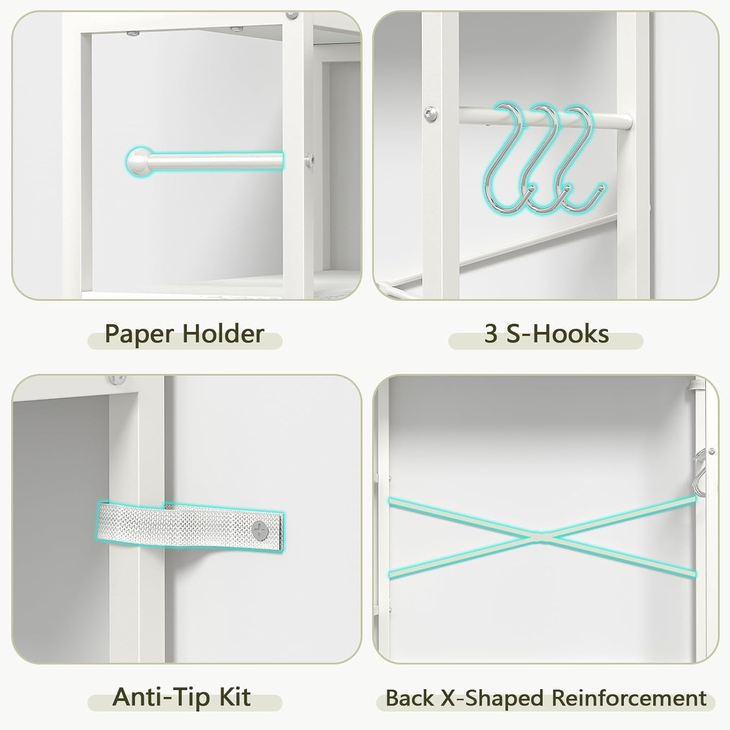 over the Toilet Storage Cabinet with Doors, 7 Tier over Toilet Bathroom Organizer with Adjustable Shelf, Freestanding Space Saver Toilet Rack with Paper Holder for Restroom, Laundry, White