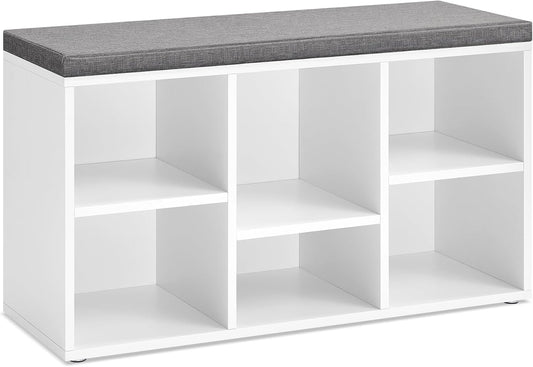 Shoe Bench with Cushion, Shoe Storage Bench with 6 Compartments and 3 Adjustable Shelves, Entryway Bench with Padded Seat, for Bedroom, Closet, Living Room, White ULHS23WT