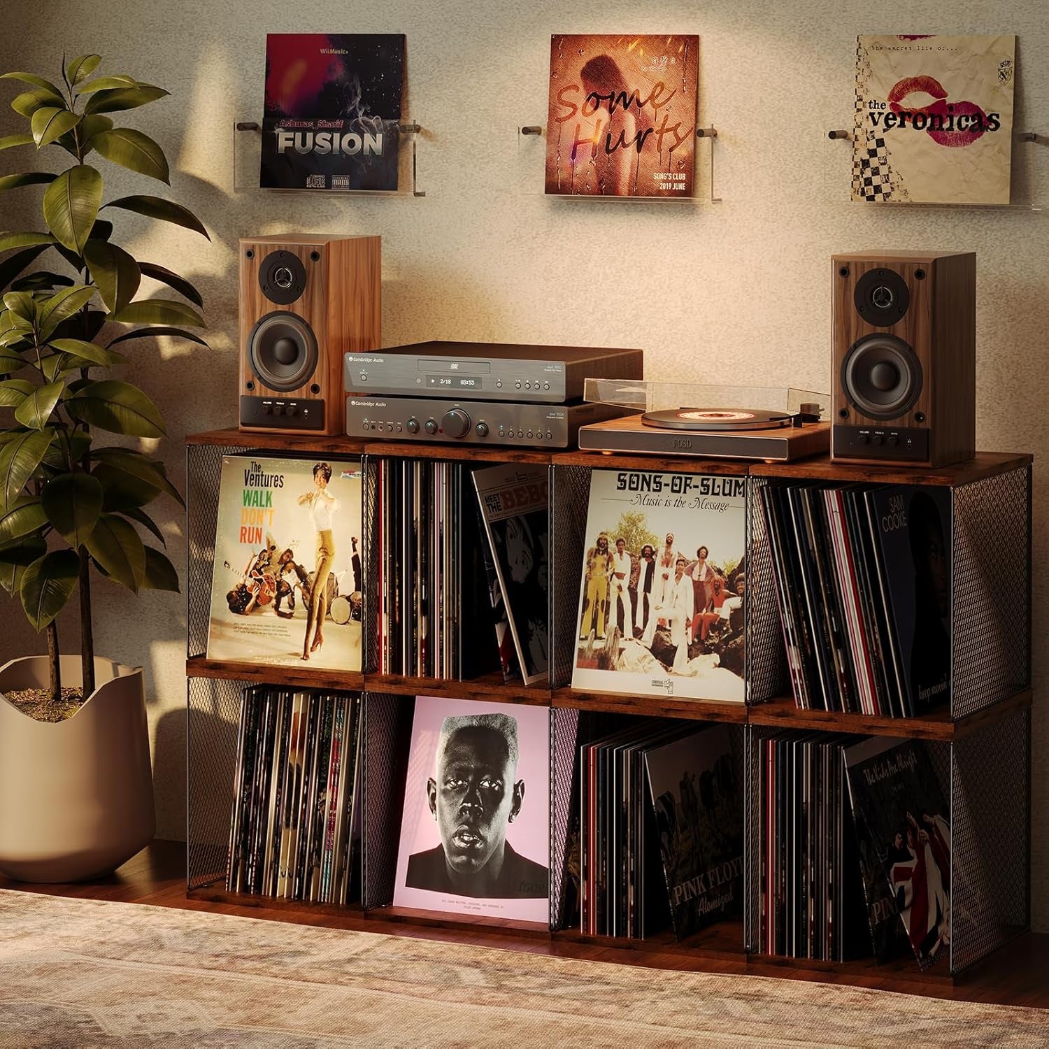 2 Cubes of Record Holder Shelf Storage Furniture - DIY Stackable 80-110 Vinyl Album Visualize Storage Box Cube - Natural Wooden Organizer Crate Cabinet