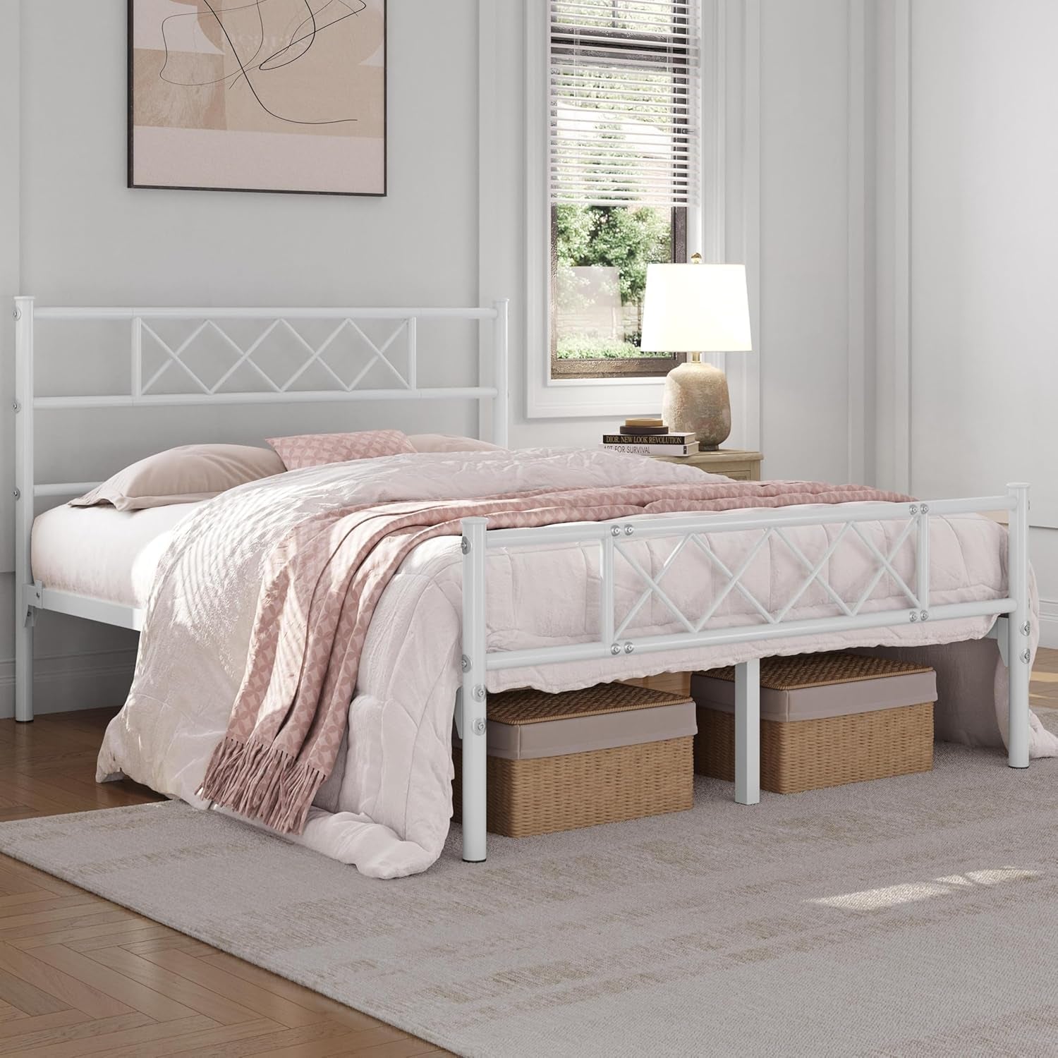 Full Size Metal Platform Bed Frame with Simple Headboard and Footboard, Mattress Foundation for under Bed Storage, Steel Slat Support, No Box Spring Needed, Easy Assembly, White